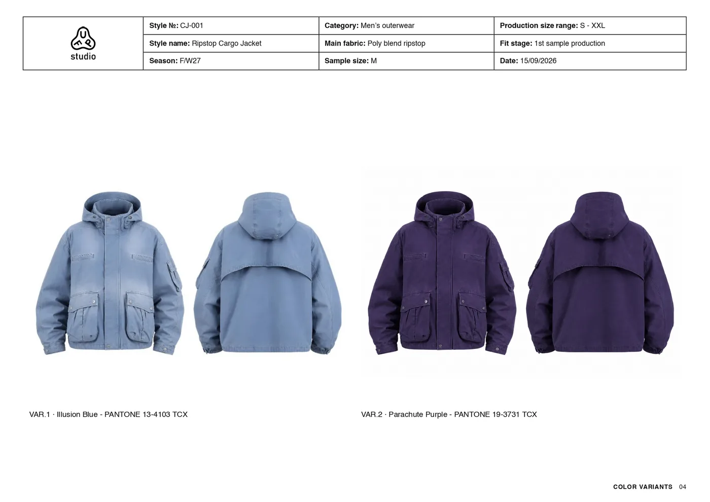 Tech pack colour variants page: the cargo jacket front and back in Illusion Blue, Pantone 13-4103 TCX, and in Parachute Purple, Pantone 19-3731 TCX.