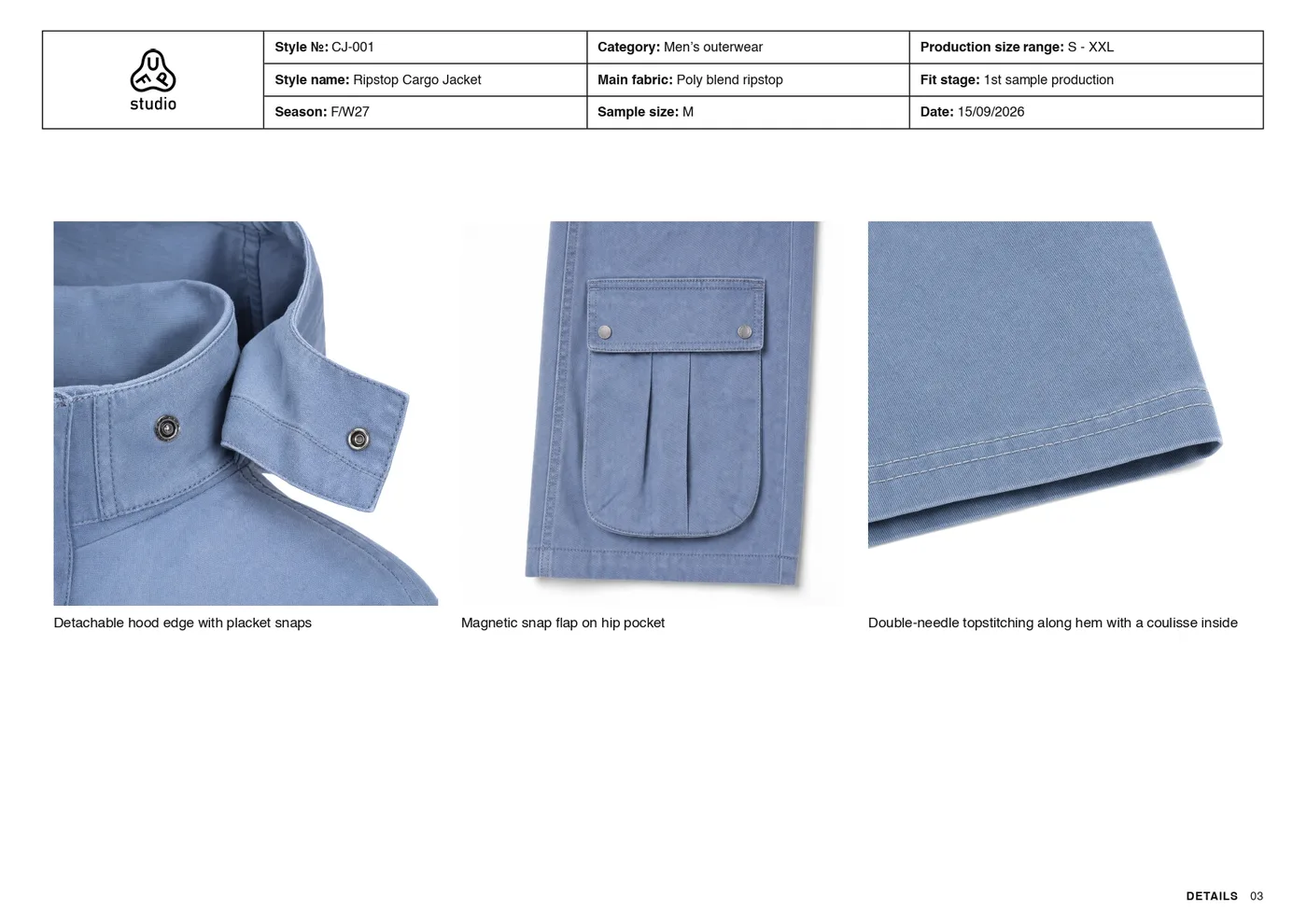Tech pack details page: three close-up photos of the hood snap placket, the pleated hip pocket with its magnetic flap and the double-needle topstitched hem.