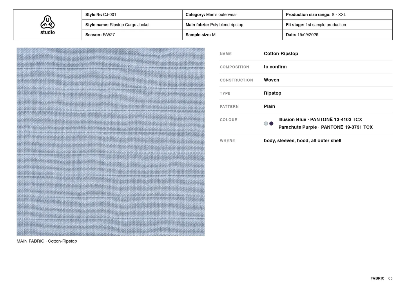 Tech pack fabric page: a large swatch of blue cotton ripstop next to its name, woven construction, plain pattern, two colours and where it goes on the jacket.