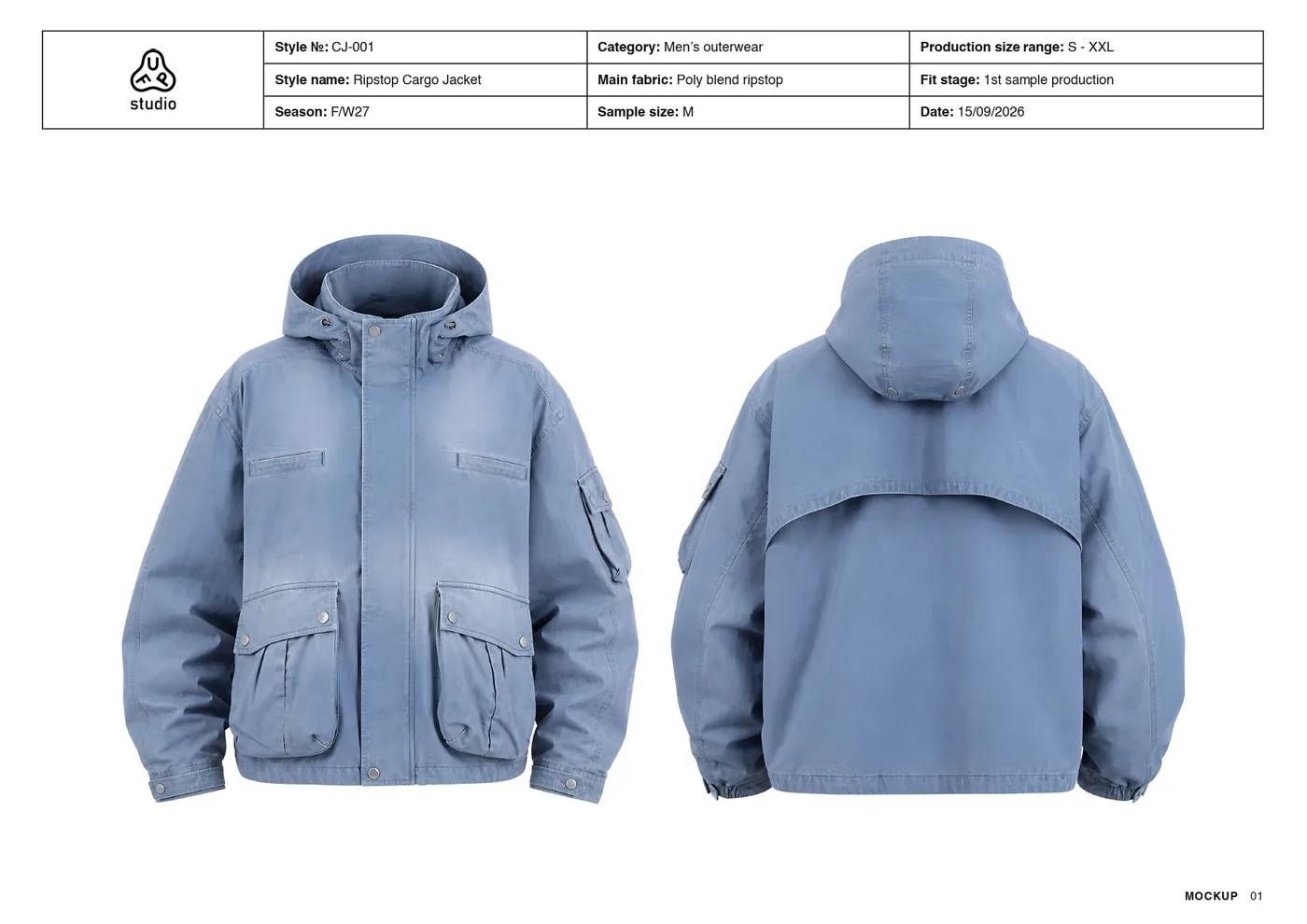 Tech pack cover page: a washed blue ripstop cargo jacket photographed front and back, under a header with style number, category, main fabric, season and size range.