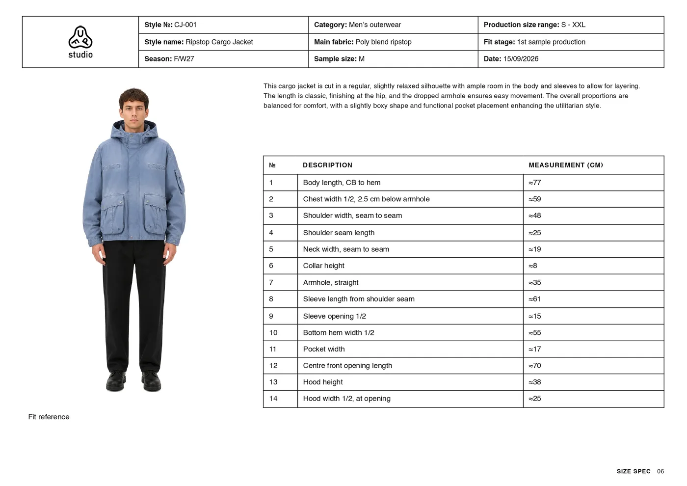 Tech pack size spec page: a model wearing the jacket as fit reference, beside a fit description and fourteen measurements in centimetres marked as estimates.