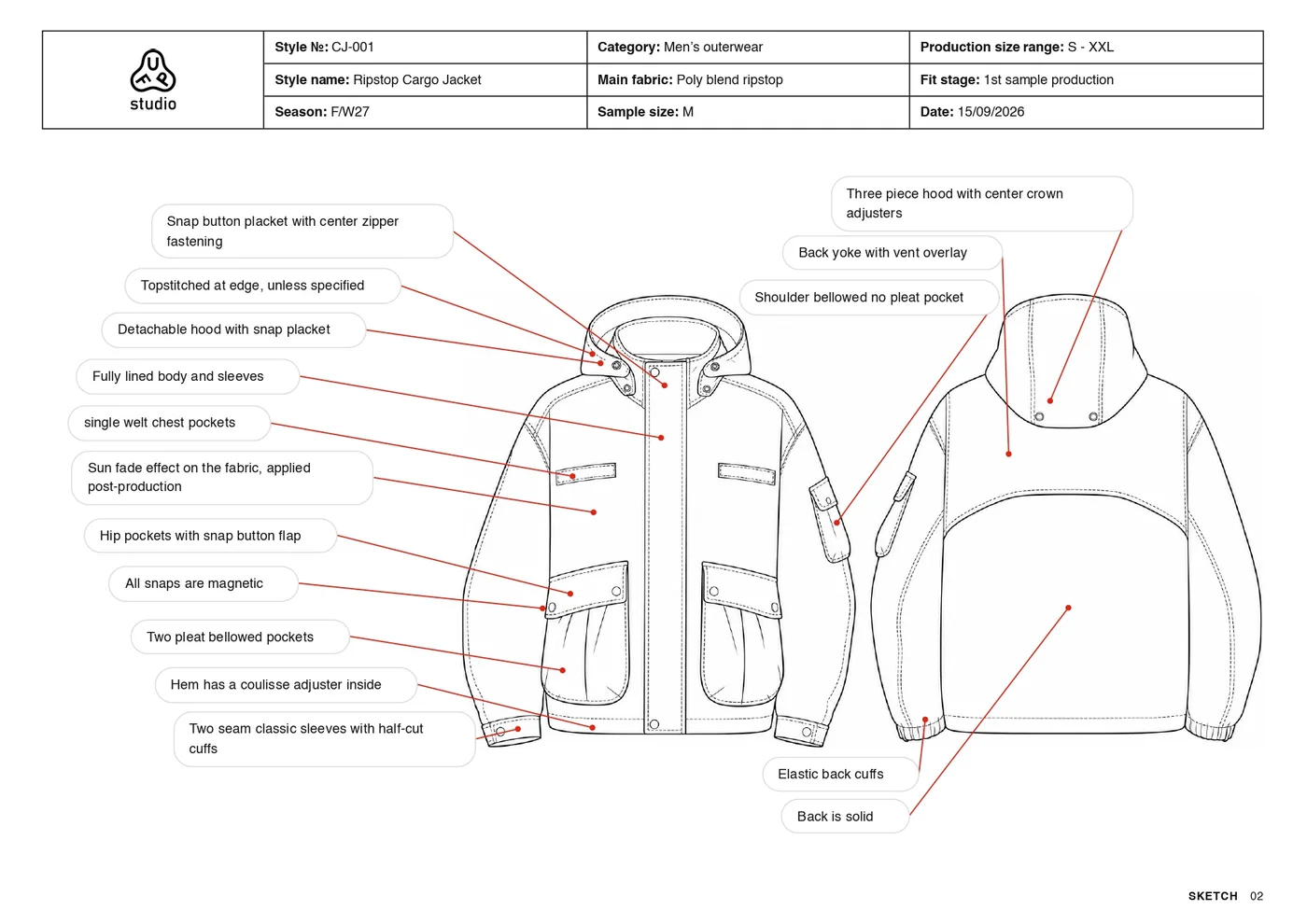 Tech pack page with the technical flat of a cargo jacket, front and back, and sixteen construction notes linked to the drawing by red leader lines.