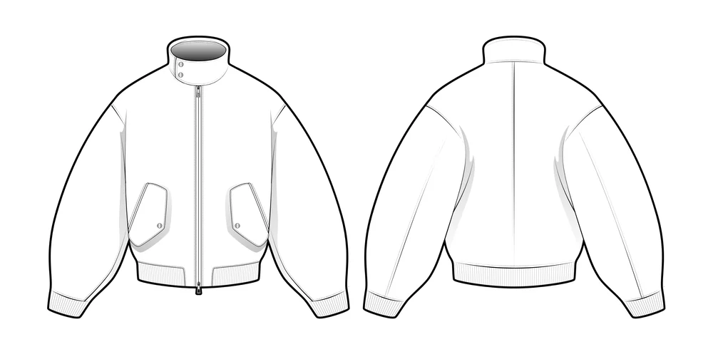 Vector flat of a Harrington-style jacket, front and back side by side: stand collar with snaps, full-length zip, angled flap pockets, ribbed cuffs and hem.